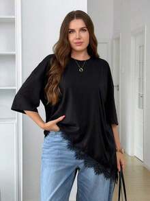 LUNE Camiseta de talla grande con parches de encaje y bajo asimétrico de unicolor - Negro - Ver 4