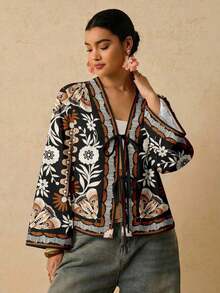 Camisa casual versátil de uso diario con estampado floral y nudo delantero para mujer de talla grande - Multicolor - Ver 3