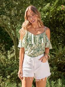 Blusa de mujer de gasa con hombros descubiertos, bajo con volantes y estampado, para primavera/verano y vacaciones - Verde 2 - Ver 6