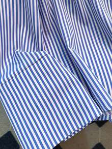Camisa de manga larga con cuello alto a rayas para mujer de talla grande, adecuada para ir a trabajar, salidas, vacaciones, tops de primavera/verano - Azul - Ver 5