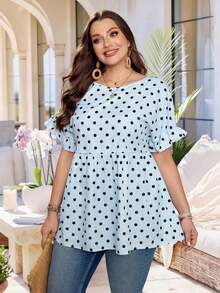 Camisa con estampado todo sobre y mangas con volantes, estilo casual de resort, tallas grandes.Atuendos de verano para mujer/Verano, ropa de mujer para vacaciones tropicales - Multicolor - Ver 6