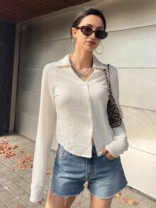 Camisa con botones delanteros sólidos, blusas de manga larga, ropa de otoño, blusas con estilo preppy - Beis - Ver 4