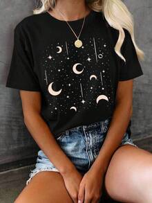 1 Piece Unisex Loose Fit T-Shirt 180g 100% Pure Cotton, Unique Y2K Style T-Shirt With An Astral Design Of Bright Stars And Moons, Ideal For Alternative Fashion Lovers In Mexico, Perfect For Showing Off A Modern And Eye-Catching Look On Any Occasion, Don't Miss Out On Yours - 黑色 - 查看 6