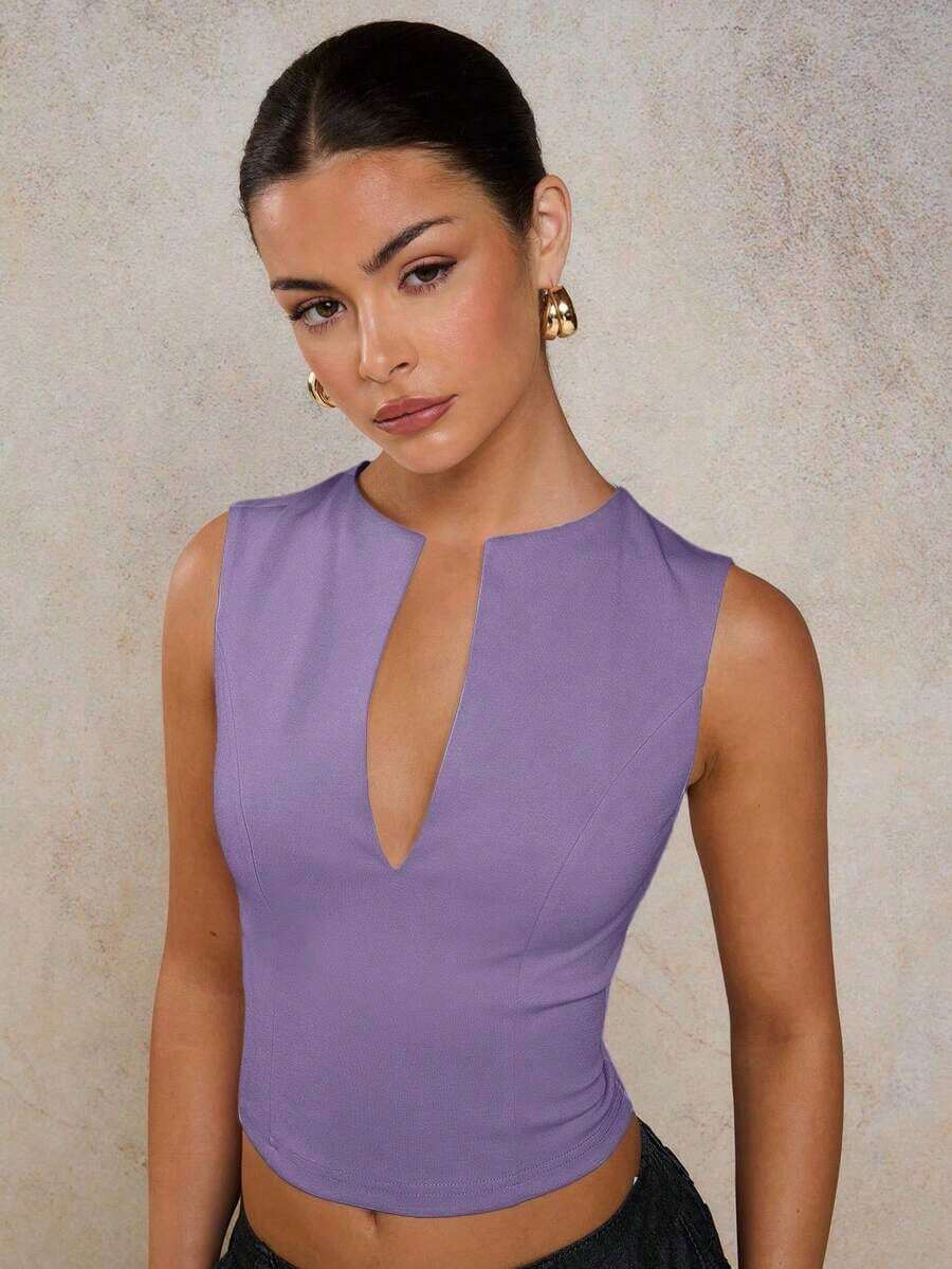 Blusa sin mangas de corte slim de unicolor con cuello en V profundo para mujer - Púrpura malva - Ver 1