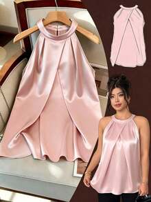 Camiseta sin mangas con pliegues 3D elegante para mujer de talla grande, versátil para fiesta, té de la tarde, ir al trabajo, color caqui - Rosa - Ver 8