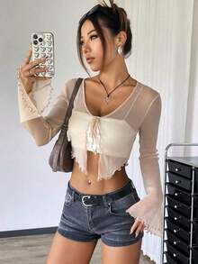 Top corto de malla de manga larga y frente con hebilla para mujer en unicolor con brillo para verano - Albaricoque - Ver 8