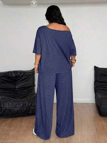 Conjunto de dos piezas de camiseta hombros descubiertos y pantalón ancho de chándal para mujer talla grande, minimalista, ropa de calle, uso diario, salir, deporte, cómodo - Azul - Ver 7