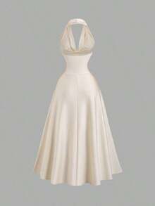 YHHSweetra Elegante vestido retro francés de color albaricoque convertible con cuello halter o cuello halter, con acento de hebilla de metal delicada, diseño de fruncido en la cintura, silueta grácil de línea AYHH - Albaricoque - Ver 2