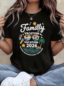 Vacaciones Familiares 2026 Creando Recuerdos Camiseta Casual de Manga Corta con Cuello Redondo para Mujer, Estampado Gráfico con Elementos de Playa para Primavera-Verano, Ocio Diario, Regalo de Vacaciones ropa de mujer - Negro - Ver 1
