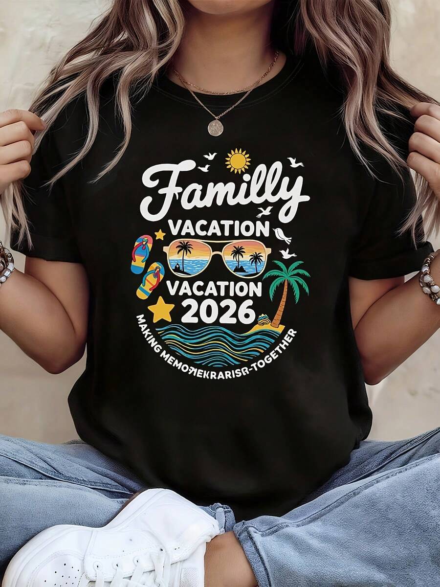 Vacaciones Familiares 2026 Creando Recuerdos Camiseta Casual de Manga Corta con Cuello Redondo para Mujer, Estampado Gráfico con Elementos de Playa para Primavera-Verano, Ocio Diario, Regalo de Vacaciones ropa de mujer - Negro - Ver 1