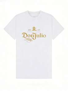 Camiseta de manga corta con cuello redondo suave y casual para mujer, estampado retro con el logotipo de la marca de tequila Don Julio en color dorado. Blanca. - Blanco - Ver 4