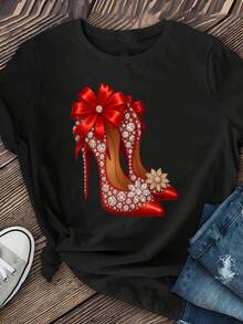 Camiseta de manga corta con cuello redondo para mujer, con estampado de zapatos rojos de tacón alto, ropa de mujer, top casual de manga corta y cuello redondo para primavera y verano. - Negro - Ver 8