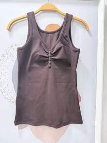 Pure Cotton Tank Top With Ribbed Design In The Middle, Knitted Fabric With Buttons. - Rust Brown - View 4