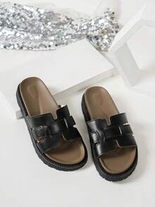New Fashion Buckle Open Toe Platform Slippers, Comfortable Versatile Dirt-Resistant Beach Sandals Suitable For Daily Wear - Black Leather - View 5