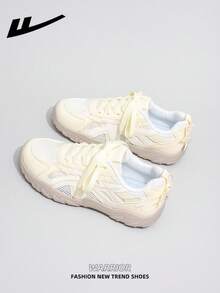 WARRIOR 1 par de zapatillas casuales de mujer con suela gruesa y cordones, suela blanda, zapatos planos de exterior de caña baja, zapatos de verano para ir al trabajo, punta redonda, suela blanda elegante, adecuados para estudiantes, fotos de graduación, senderismo, zapatos de microfibra para deportes y skate - Amarillo/Beige - Ver 4
