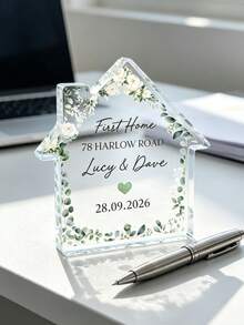 1pc Custom Eucalyptus Floral First Home Clear Acrylic Plaque, Personalized Name Address Date House Stand, Housewarming Closing Gift For Couple New Homeowners, Wedding/Anniversary Desk Decor Keepsake - Multicolor - View 5