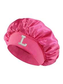 1 pieza Gorro de dormir de satén, Gorro de cuidado del cabello bordado con 26 letras A-Z, Elástico ancho 360° antideslizante, Gorro de dormir/máscara/ducha de cobertura completa, Adecuado para el control del frizz del cabello rizado natural - Rosa Fucsia - Ver 24