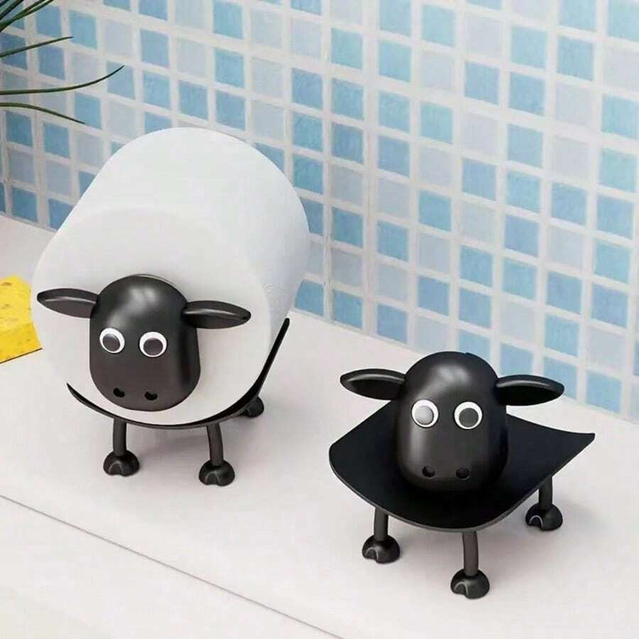 Soporte para papel higiénico con forma de oveja negra impreso en 3D - Dispensador de tejido autosoportante y divertido - Estante de almacenamiento de papel higiénico feliz - Conjunto de decoración de baño linda - Negro - Ver 1