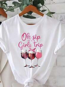Regalo: 1 camiseta blanca con estampado de vino para mujer y niña, cuello redondo, camiseta casual de algodón, tejido de punto de elasticidad media, corte regular para damas, para primavera/verano/otoño, suave. - Blanco - Ver 6