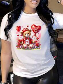 Camiseta Casual de Mujer para el Día de San Valentín - Bonito Estampado de Osito de Peluche y Corazón, Cuello Redondo, Cómoda y Lavable para Primavera y Otoño, Tela Suave y Confortable, Diseño de Flores en Forma de Corazón - Estilo Vintage Urbano, Camiseta Unisex de Algodón de Manga Corta y Cuello Redondo. blusas.blusas casuales para dama.Impresión de osos cariñosos.Camiseta estampada Impresión de osos cariñosos. - Blanco - Ver 7