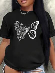 Lightweight And Durable Short-Sleeved T-Shirt, Designed With A Butterfly And Flower Print, Perfect For Lounging At Home, Restaurants, Or Outdoor Activities. Women's Blouses > Clothing - 黑色 - 查看 6
