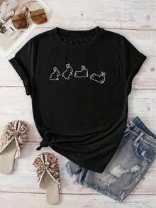 1 Piece [New Recommendation] Women's Casual Rabbit Print T-Shirt, Short Sleeve, Round Neck, Spring And Summer, Machine Washable, New Women's Clothing, Versatile For Street Wear, Slim Fit, 180g 100% Cotton - 黑色 - 查看 7