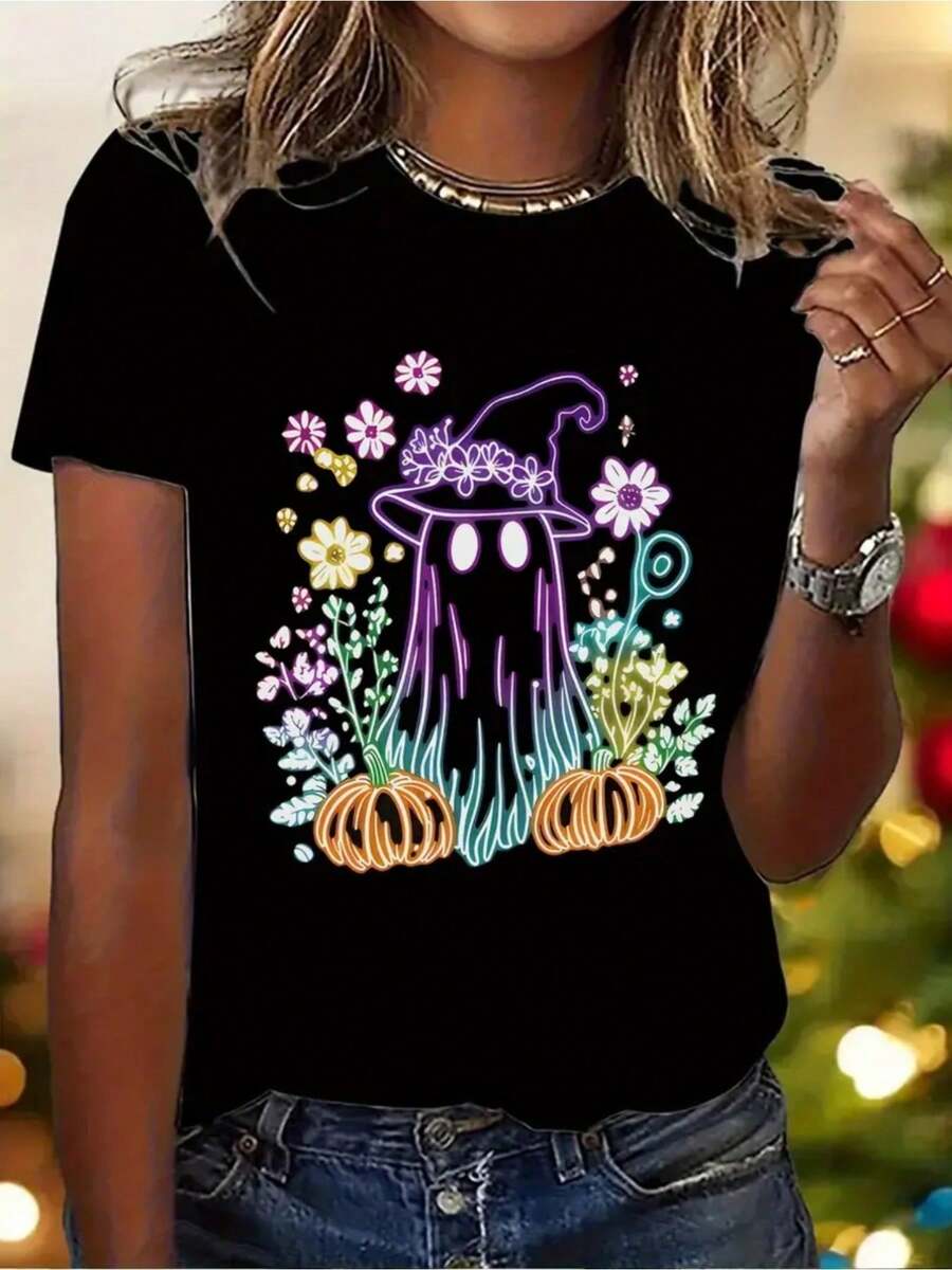 1 camiseta de bruja negra doble - Linda camiseta de manga corta estilo anime mágico, combinación de colores rosa y verde, adecuada para disfraces de Halloween, camisa casual de cuello redondo estilo blusa, ideal para atuendos temáticos y uso diario (lavable a máquina) 180g 100% algodón - Negro - Ver 1