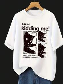 Y2K 1pc Camiseta Casual Holgada de Manga Corta para Mujer, Camiseta con Estampado de Letras y Gatos, Camiseta de Estilo Dulce con Cuello Redondo para Mujer, 95% y 5% - Blanco - Ver 1