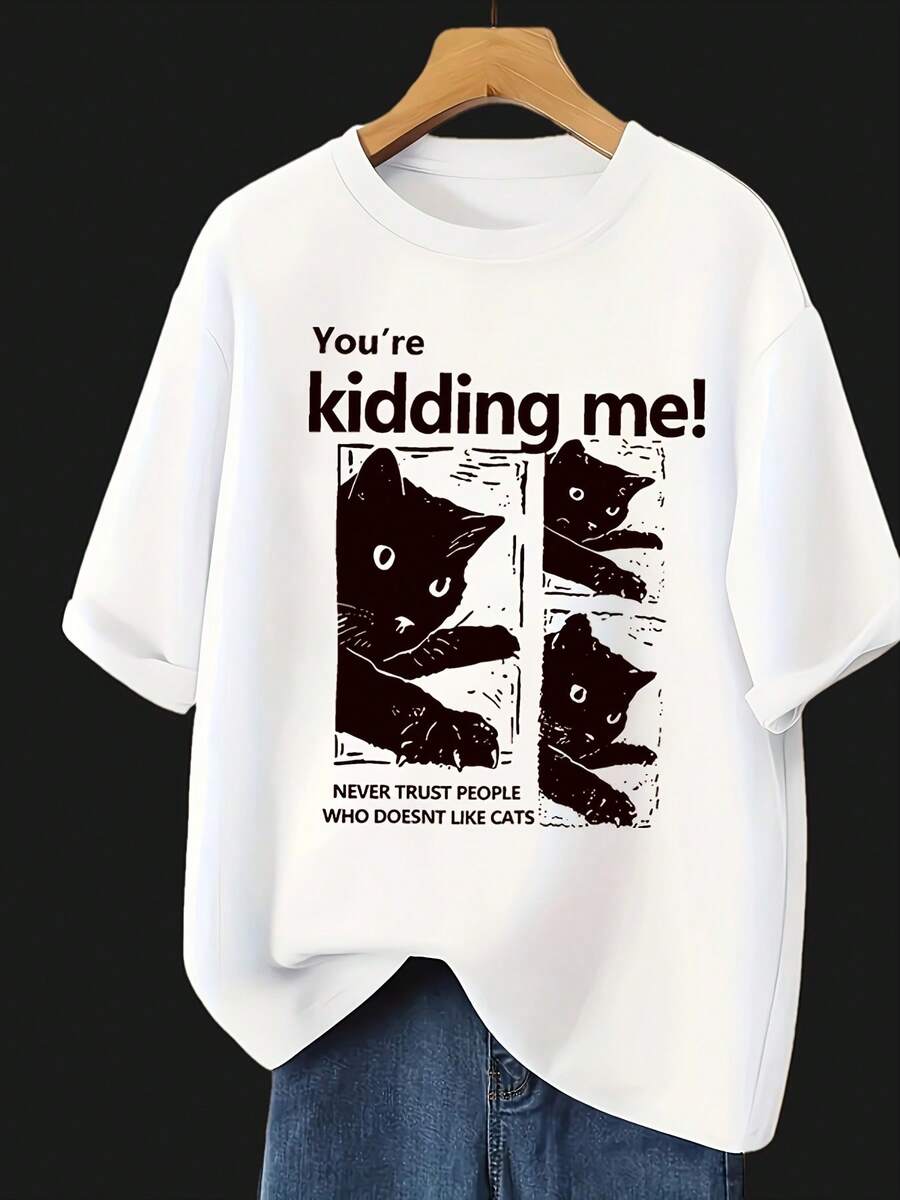 Y2K 1pc Camiseta Casual Holgada de Manga Corta para Mujer, Camiseta con Estampado de Letras y Gatos, Camiseta de Estilo Dulce con Cuello Redondo para Mujer, 95% y 5% - Blanco - Ver 1