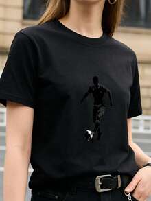 Camiseta 100% algodón con estampado de silueta de jugador de fútbol, transpirable y cómoda, edición de primavera, peso de 100 gramos. Camiseta de mujer de color sólido simple, corte holgado y ajustado, manga corta informal. - Blanco - Ver 6