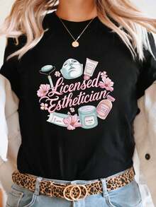 Women's Short-Sleeved Crew Neck T-Shirt, Printed With An Authorized Esthetician Design, In A Sweet And Beauty Stylist Style, Suitable For Spring And Summer, Casual Shopping, Holiday Gifts And Meetings With Friends. - 黑色 - 查看 6