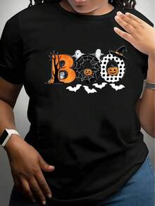 1 camiseta de manga corta casual para mujer de Halloween, 100% algodón grueso - cuello redondo cómodo, top suave y lindo, 180g de algodón 100%. - Negro - Ver 3