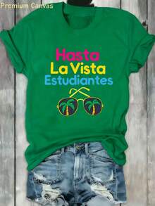 1 pieza Camiseta de verano Hasta La Vista - Camiseta estampada 100% absorbente de sudor y transpirable, con estampado de gafas tropicales, regalo para el Día de la Madre, camiseta de mujer con cuello redondo para vacaciones en la playa y surf, top casual negro de manga corta, adecuada para vacaciones, 180g Algodón 100%. - Blanco - Ver 8