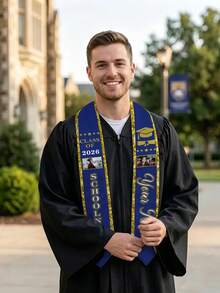 Personalizado Graduación con foto y nombre personalizado, Faja de graduación Clase de 2026 con nombre de la escuela y año de graduación, Faja de graduación de satén negro con borde dorado para graduados universitarios - Multicolor - Ver 6