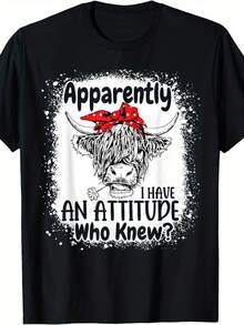 Women's Black T-Shirt With Highland Cow Graphic Print And Funny Slogan, Round Neck, Short Sleeve, Retro Style, Casual, For Everyday Wear, Summer Streetwear, Birthday Gift. - 黑色 - 查看 6