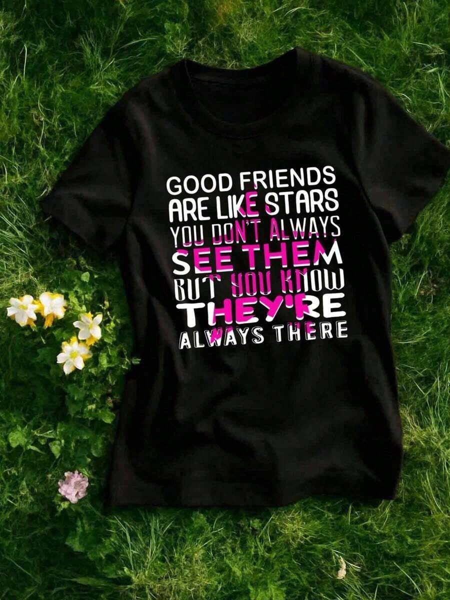 Women's Blouses 1 Pack Women's 180g 100% Oversized Funny Quote T-Shirt - Y2K Retro "Good Friends Are Like Stars" Print, Black With White Text, Crew Neck Casual Short Sleeve T-Shirt, Perfect For Casual Wear And Christmas Gifts, Machine Washable All Season Comfort - 黑色 - 查看 1