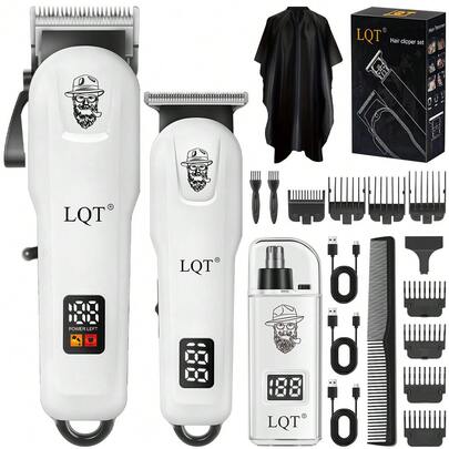 LQT 三件套可充电理容套装 - 理发器、胡须修剪器和鼻毛修剪器，无线多功能理容工具，USB充电，适合居家、旅行和个人护理。完美的节日礼物。