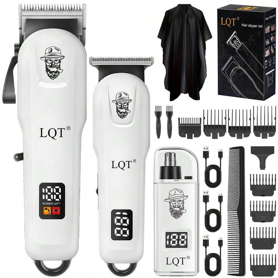 LQT 三件套可充电理容套装 - 理发器、胡须修剪器和鼻毛修剪器，无线多功能理容工具，USB充电，适合居家、旅行和个人护理。完美的节日礼物。 - 黑色 - 查看 1