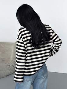 SDNGED Women's Casual Top, Striped Color Block Ribbed Fabric, Everyday Wear Spring/Autumn - Black Apricot Wide Stripes - View 7