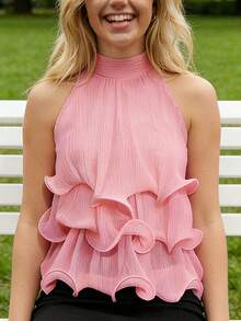 Women's Halter Neck Ruffle Top, Sleeveless Tiered Ruffle Blouse With Textured Chiffon Fabric, Flowy Silhouette For Versatile Styling - Pink - View 3
