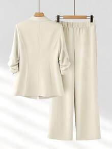 Women's Spring/Summer Commuter Pleated Design 3/4 Sleeve Loose Single-Breasted Blazer & Wide Leg Pants Set - Apricot - View 2
