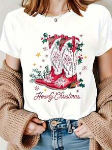 Women's Clothing Christmas Cowboy Boots With Snowflake And Holly Design In Red And White, Women's Western Boots, Christmas Party Gift, Women's Shirts - 白色 - 查看 1