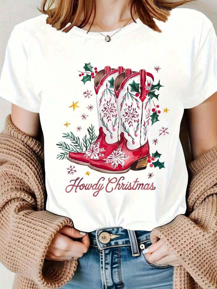 Women's Clothing Christmas Cowboy Boots With Snowflake And Holly Design In Red And White, Women's Western Boots, Christmas Party Gift, Women's Shirts - 白色 - 查看 1