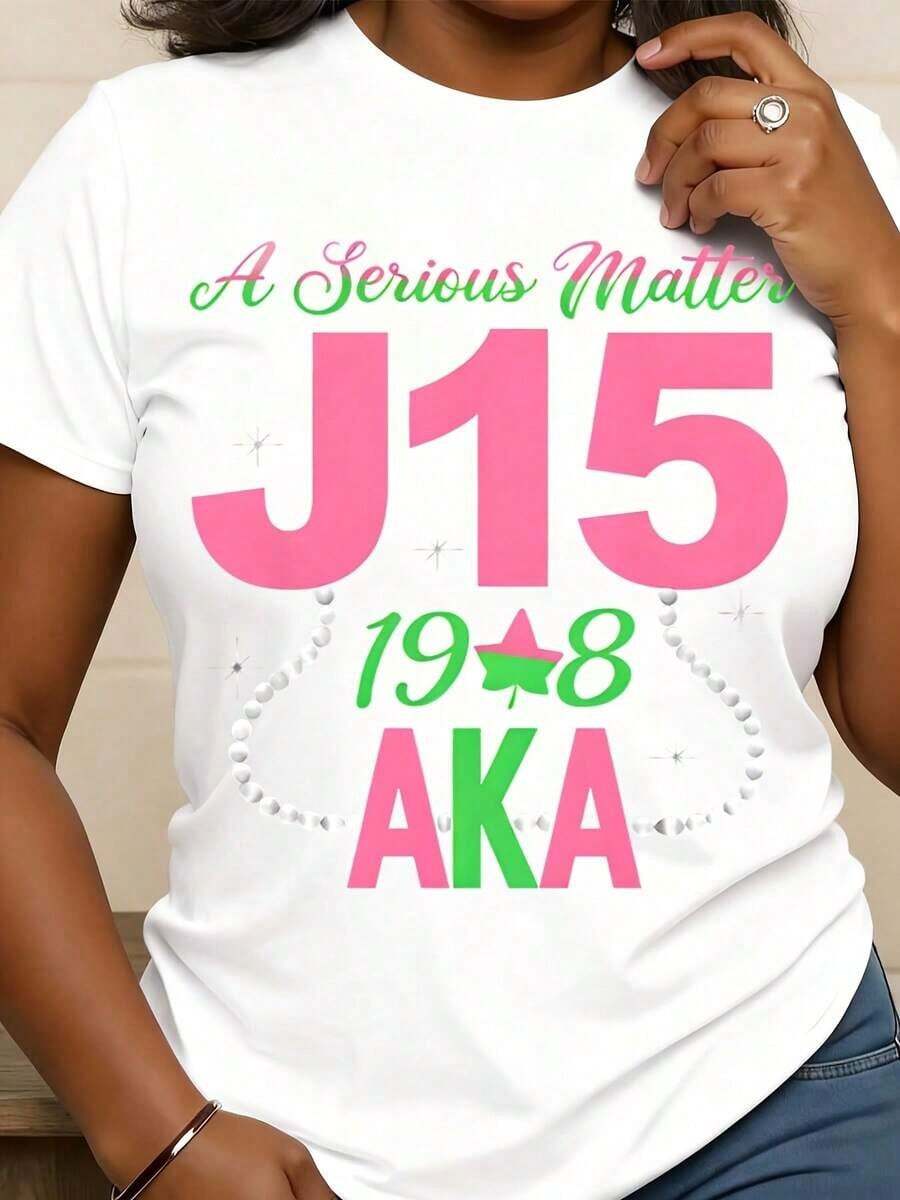 Women's Crew Neck T-Shirt, "A Serious Matter J15 198 AKA Pearl Necklace" Design, Ideal For Sorority Events And Celebrations, Gift For Alpha Members, Suitable For Summer And Autumn Celebrations, Perfect Gift For Patriots And Independence Day. - 白色 - 查看 1