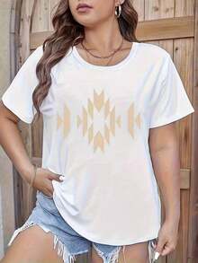 Women's White Shirt - Casual Blouse For Everyday Wear, Round Neck With Beige Stripe, Short Sleeve, Suitable For Office, Outings And Parties - Machine Washable, Geometric Print, Non-See-Through Fabric Women's Blouses > Clothing - 白色 - 查看 1