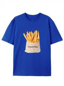 Men's Cotton T-Shirt With Vintage Style And Creative French Fries Print - Casual Round Neck, Short Sleeve For Summer - 藍色 - 查看 7