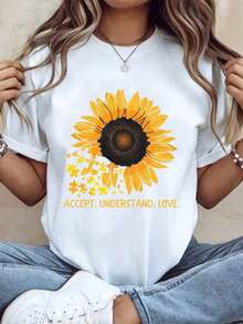 Sunflower Autism Awareness T-Shirt, "Accept, Understand, Love" Graphic Tee For Women And Men, Summer Casual Wear, Autism Awareness Day Gift, 220g - Urban Vintage Style, Unisex Short Sleeve Crew Neck T-Shirt, 100% Pure Cotton. - 白色 - 查看 7