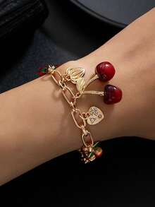 1 chiếc vòng tay ngọc trai mới dành cho tuổi teen, kiểu dáng dễ thương và đa năng, hình trái tim anh đào, dâu tây, đính ngọc trai và pha lê. - Nhiều màu - Xem 3