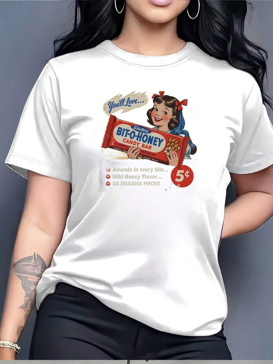 Ropa de mujer: Camiseta unisex vintage con estampado de bastón de caramelo Bit-O-Honey - Camiseta suave de manga corta de 180 g, adecuada para actividades de team building, uso en la oficina, regalo de verano - Camiseta casual de cuello redondo lavable a máquina, ropa nostálgica para todas las estaciones. - Blanco - Ver 1