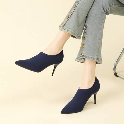 7.5cm Pointed Toe Kitten Heel Ankle Boots For Women, Breathable Elastic Fabric Elegant Office Shoes, Navy Blue Solid Color Casual Comfortable Party Wedding Evening Pumps